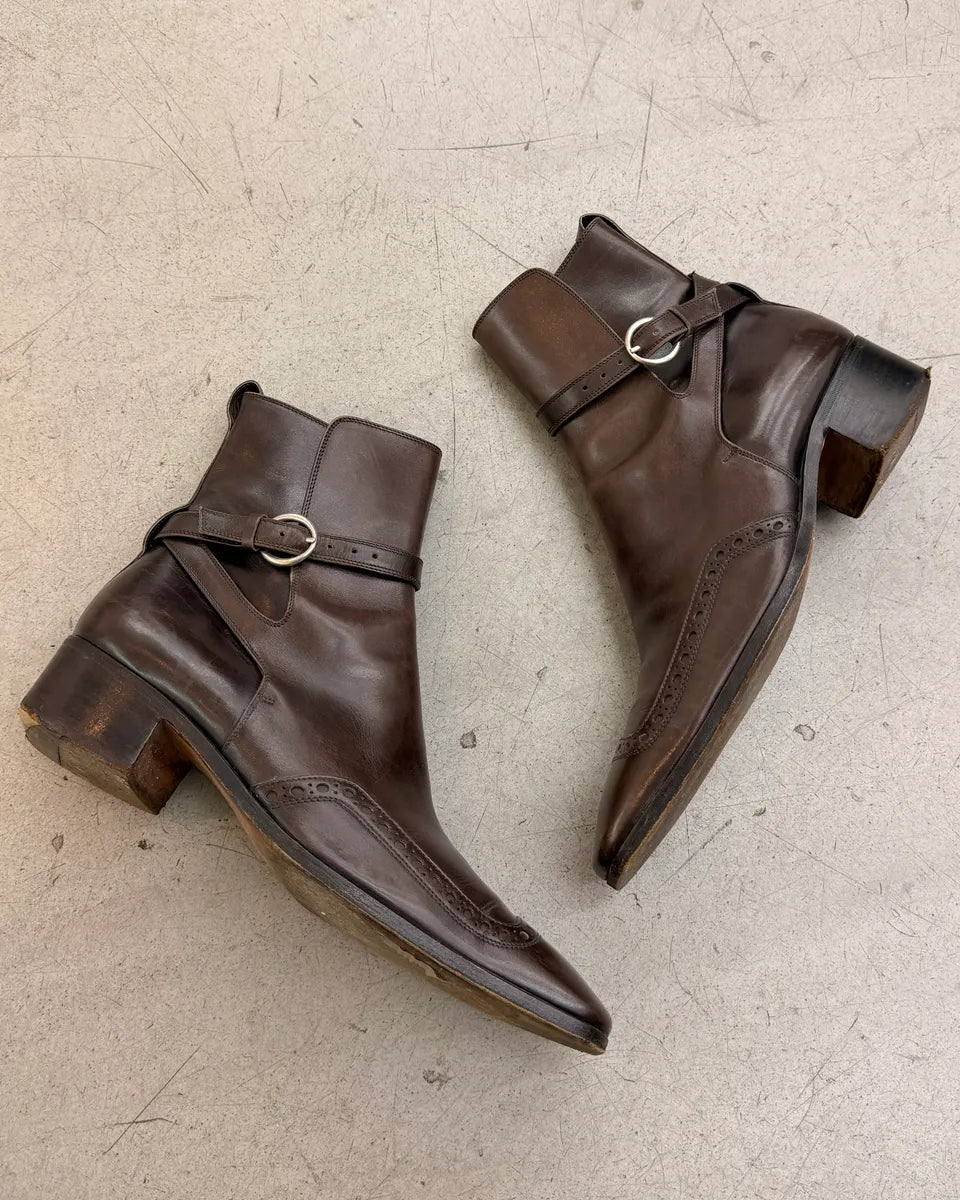 AW2003 Yves Saint Laurent Roy Brown Leather Buckle Strap Boots KmFbjjY 3