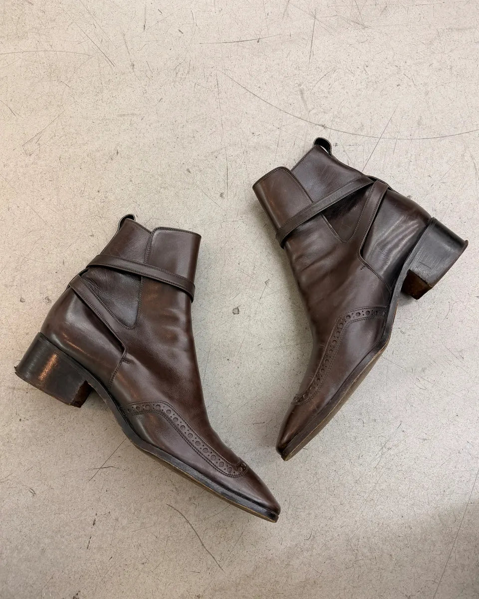 AW2003 Yves Saint Laurent Roy Brown Leather Buckle Strap Boots KmFbjjY 4