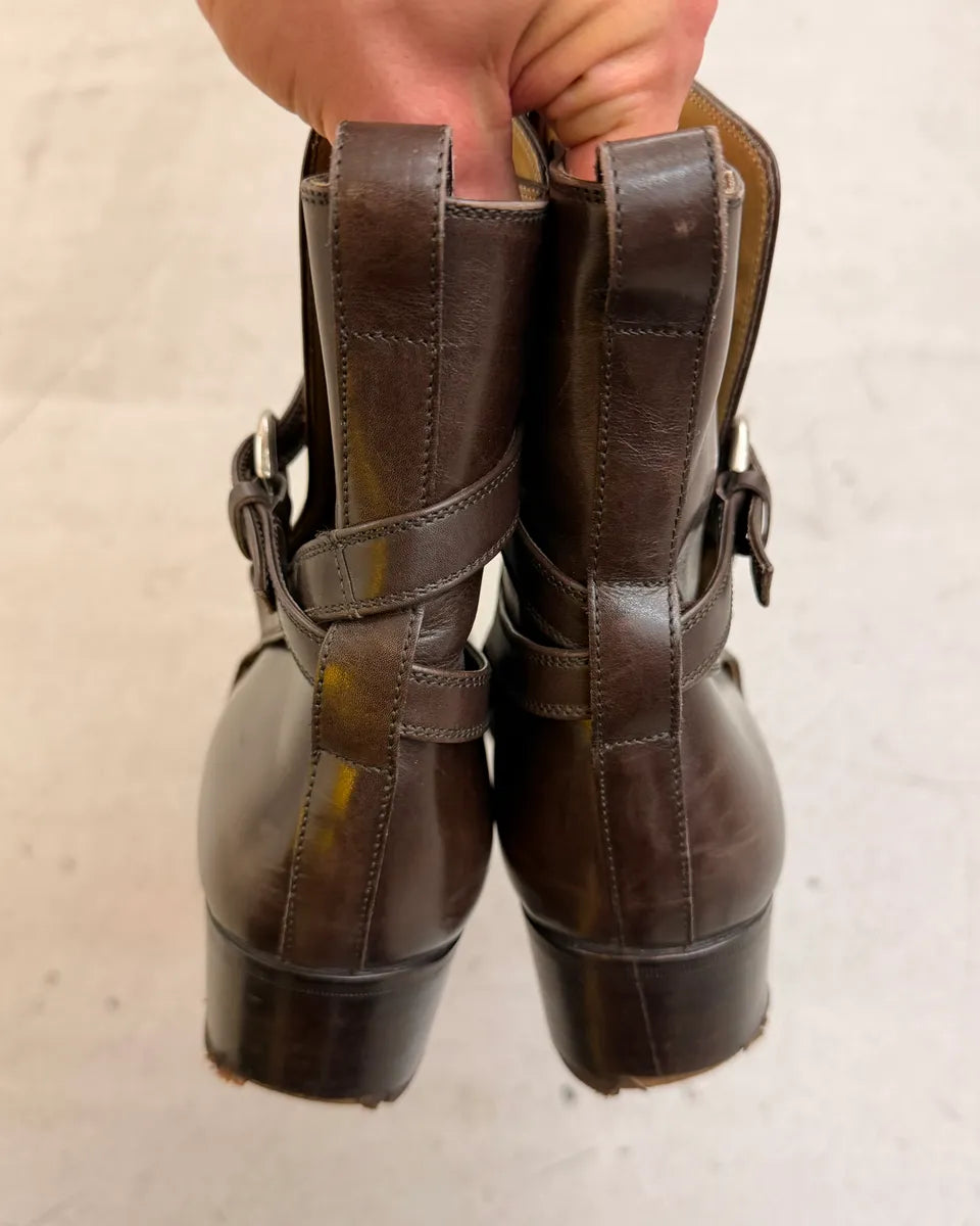AW2003 Yves Saint Laurent Roy Brown Leather Buckle Strap Boots KmFbjjY 5