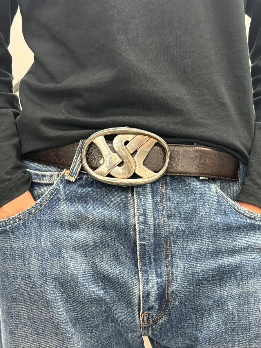 AW2003 Yves Saint Laurent Silver Logo Buckle Black Leather Belt mCAhNhn 2