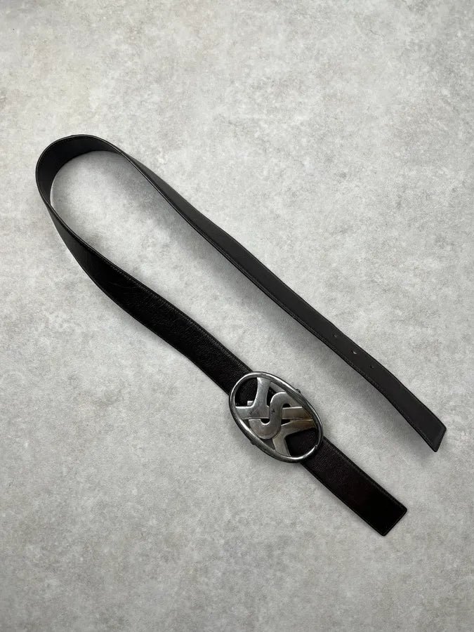 AW2003 Yves Saint Laurent Silver Logo Buckle Black Leather Belt mCAhNhn 3
