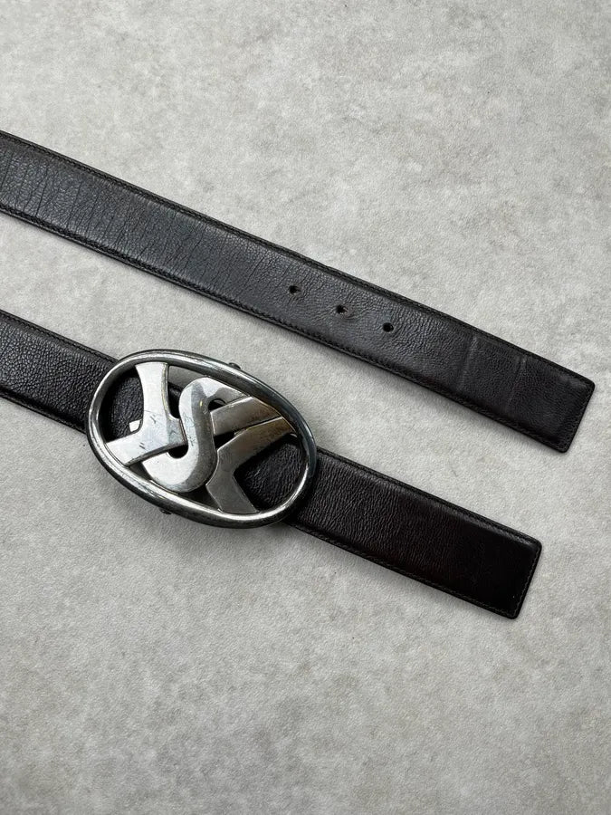 AW2003 Yves Saint Laurent Silver Logo Buckle Black Leather Belt mCAhNhn 4