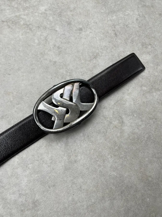 AW2003 Yves Saint Laurent Silver Logo Buckle Black Leather Belt mCAhNhn 5