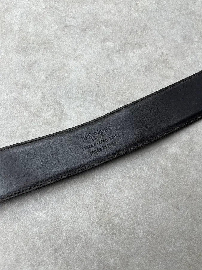 AW2003 Yves Saint Laurent Silver Logo Buckle Black Leather Belt mCAhNhn 6