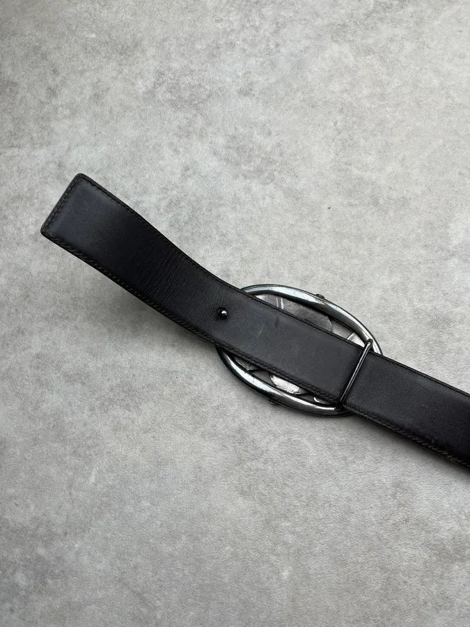 AW2003 Yves Saint Laurent Silver Logo Buckle Black Leather Belt mCAhNhn 7