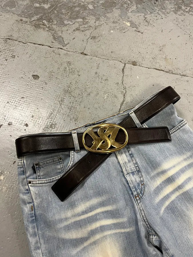 AW2003 Yves Saint Laurent YSL Golden Buckle Dark Brown Leather Belt CRAQTaz 3