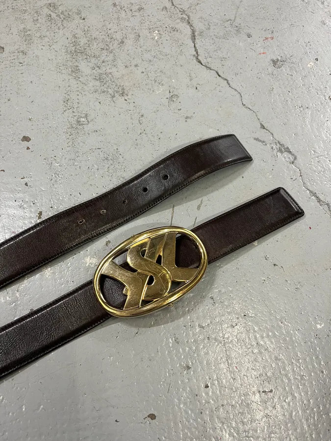 AW2003 Yves Saint Laurent YSL Golden Buckle Dark Brown Leather Belt CRAQTaz 5