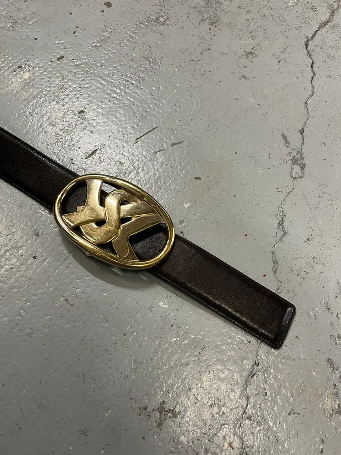 AW2003 Yves Saint Laurent YSL Golden Buckle Dark Brown Leather Belt CRAQTaz 6