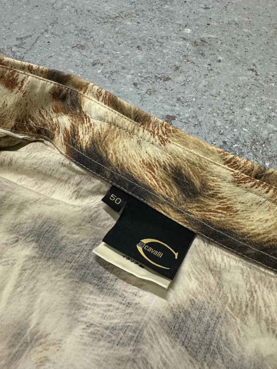 AW2004 Cavalli Brown & Beige Animal Print Fur Effect Shirt ZQtkyUs 7