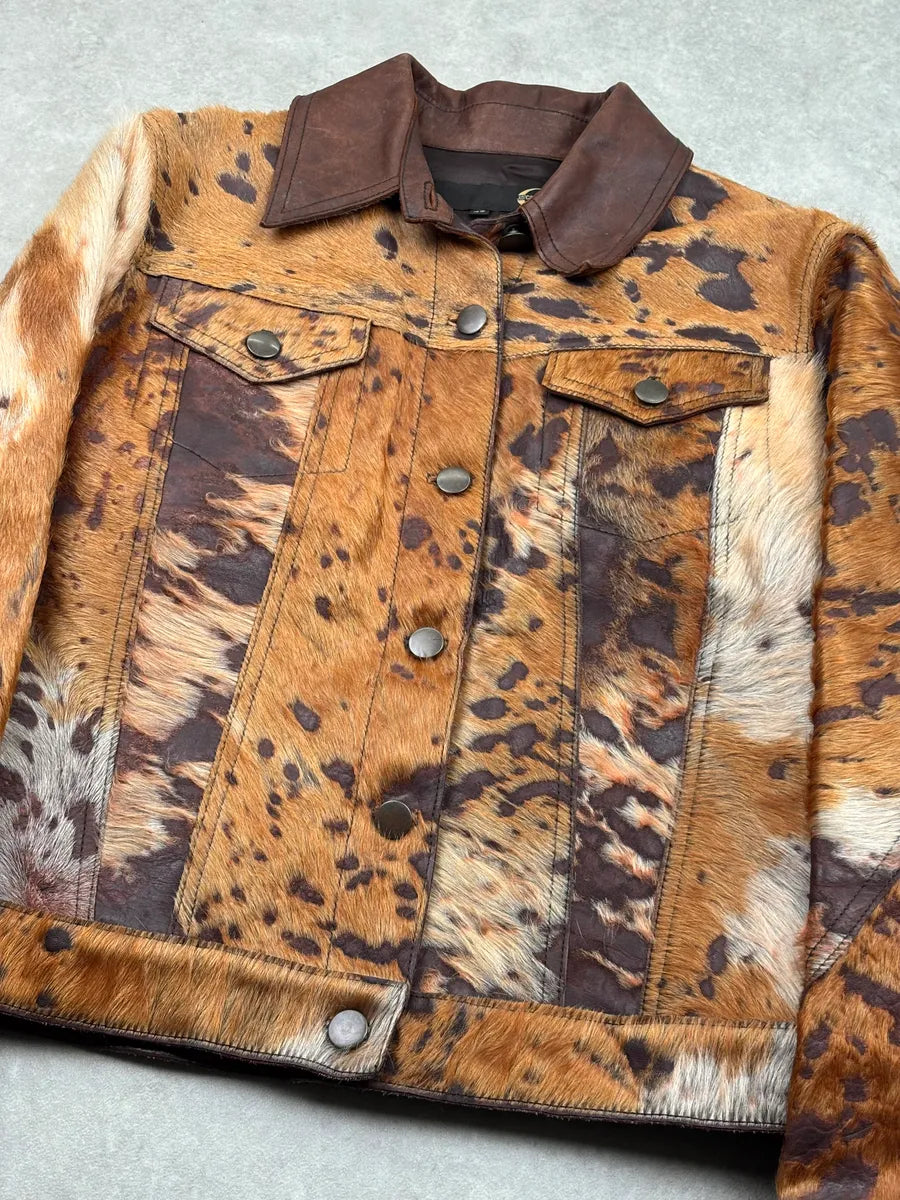 AW2004 Cavalli Brown Leather Pony Hair Cowhide Leather Jacket KVzTLoW 6