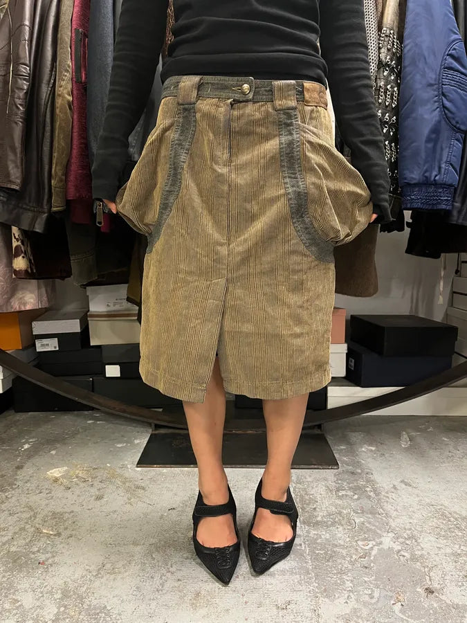 AW2004 Cavalli Brown Velvet Cargo Skirt ArKBnco 1