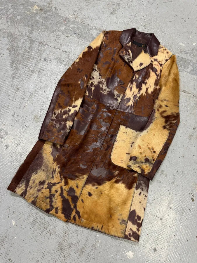 AW2004 Cavalli Cowhide Pony Hair Trench Brown Leather Jacket dQbZsGh 1