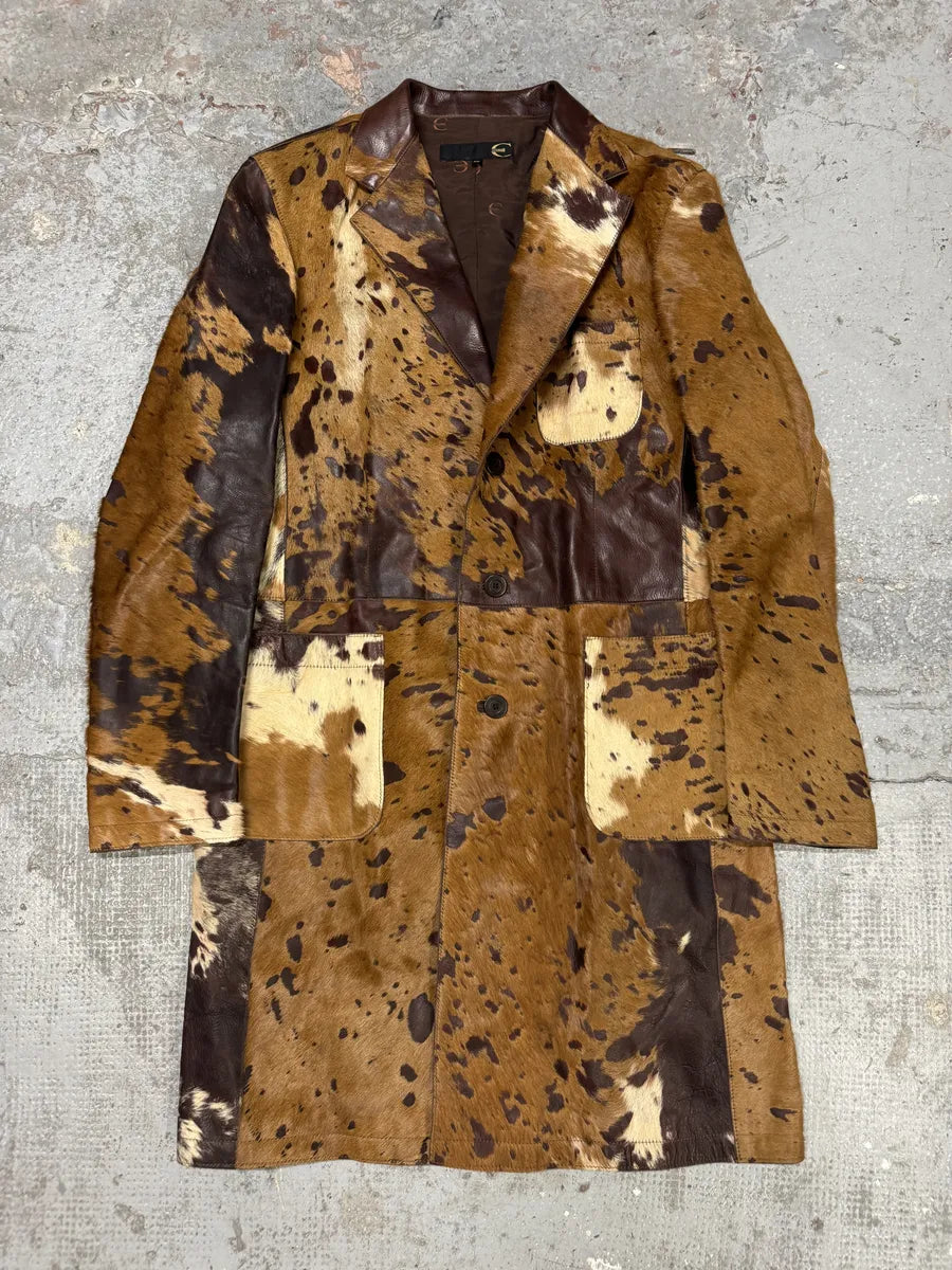 AW2004 Cavalli Pony Hair Cowhide Leather Brown Long Trench Jacket (M) BfPSugB 0