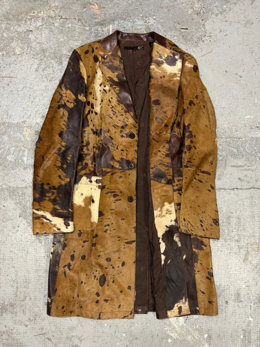 AW2004 Cavalli Pony Hair Cowhide Leather Brown Long Trench Jacket (M) BfPSugB 3