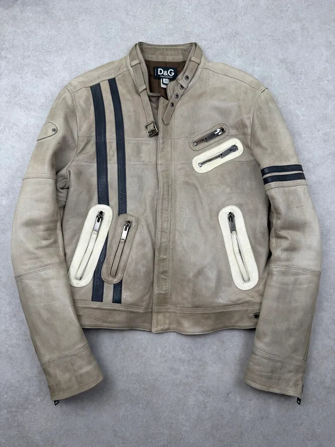 AW2004 Dolce & Gabbana Beige Cafe Racer Biker Jacket WppLNhi 0