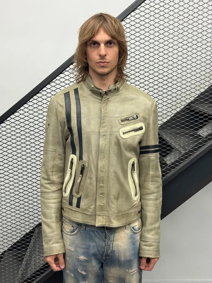 AW2004 Dolce & Gabbana Beige Cafe Racer Biker Jacket WppLNhi 1