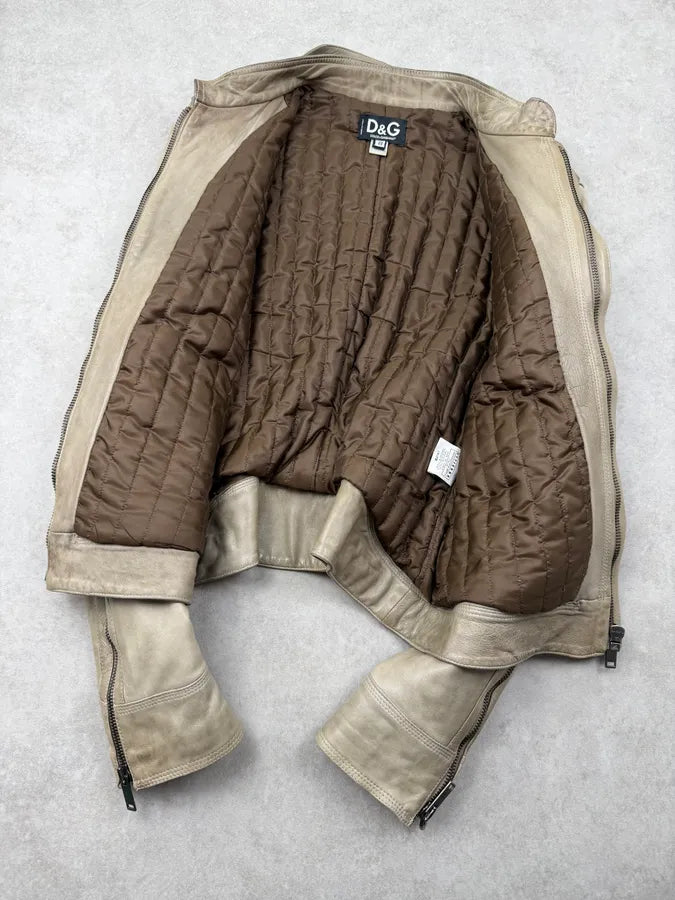 AW2004 Dolce & Gabbana Beige Cafe Racer Biker Jacket WppLNhi 3
