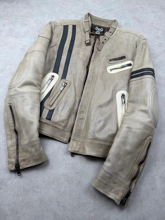 AW2004 Dolce & Gabbana Beige Cafe Racer Biker Jacket WppLNhi 5