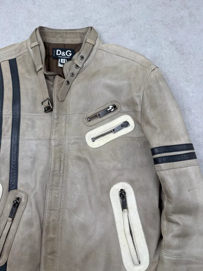 AW2004 Dolce & Gabbana Beige Cafe Racer Biker Jacket WppLNhi 7