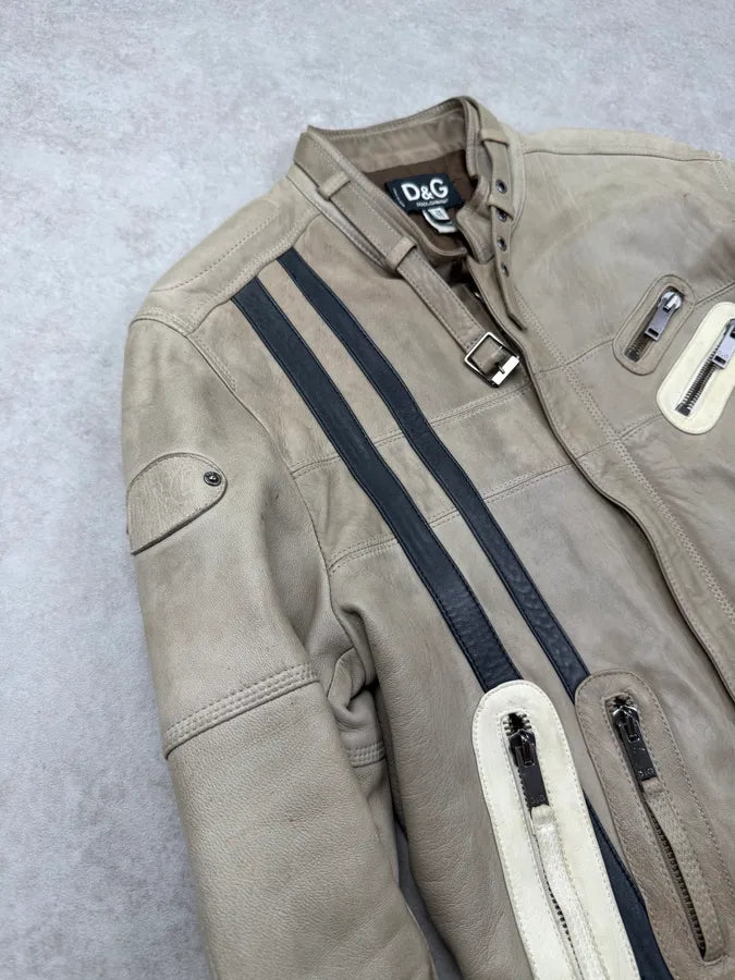 AW2004 Dolce & Gabbana Beige Cafe Racer Biker Jacket WppLNhi 8