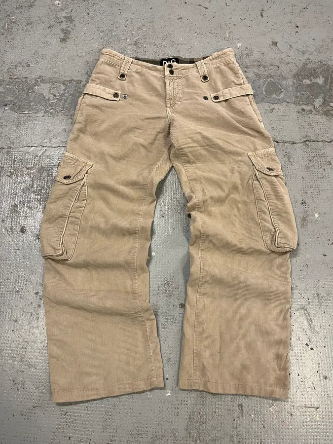 AW2004 Dolce & Gabbana Beige Corduroy Multi-Pocket Cargo Pants riMEevq 4