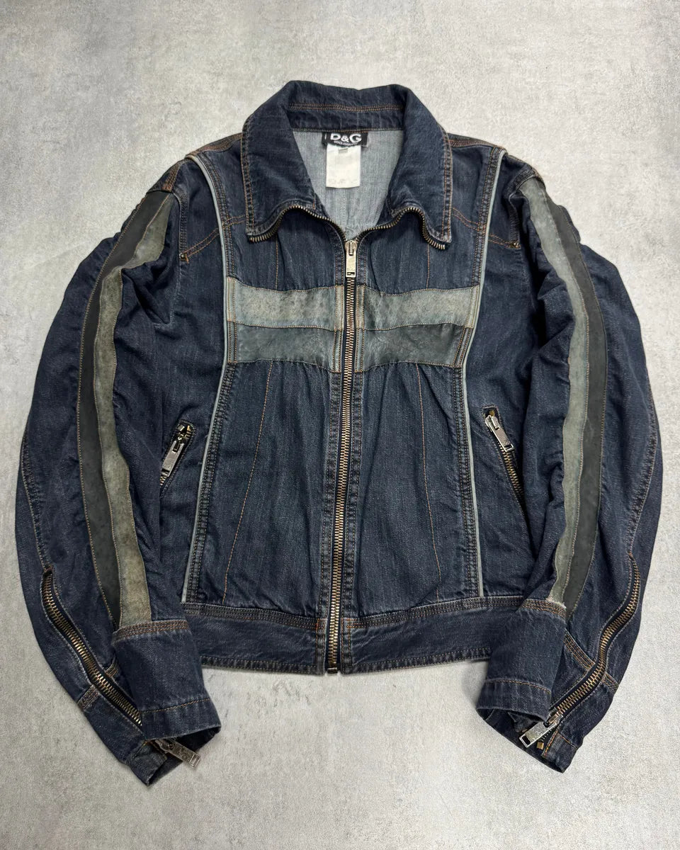 AW2004 Dolce & Gabbana Biker Hybrid Leather Lines Denim Jacket GlXmdOS 0