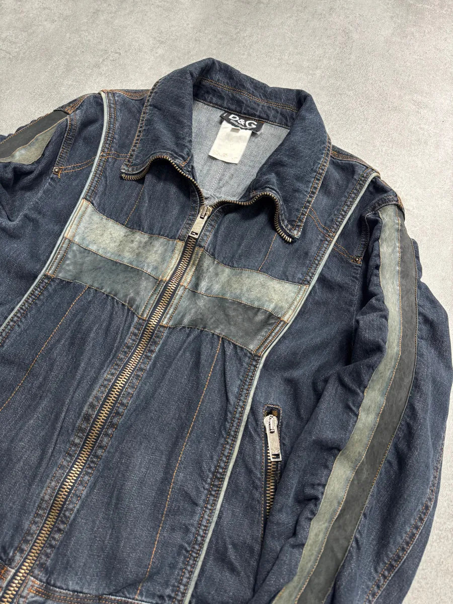 AW2004 Dolce & Gabbana Biker Hybrid Leather Lines Denim Jacket GlXmdOS 1
