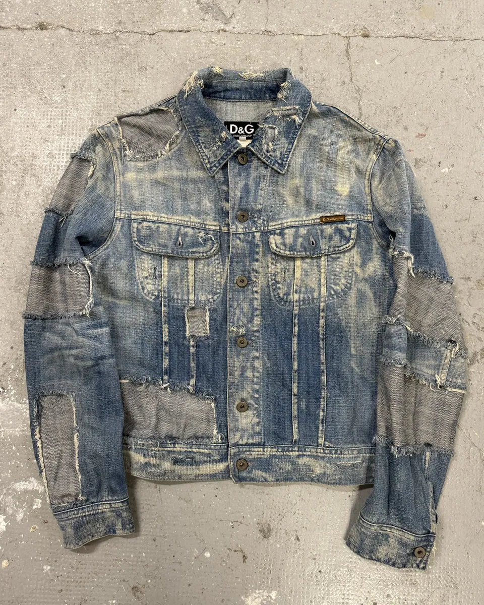 AW2004 Dolce & Gabbana Blue Denim Patchwork Distressed Jacket (S) 0