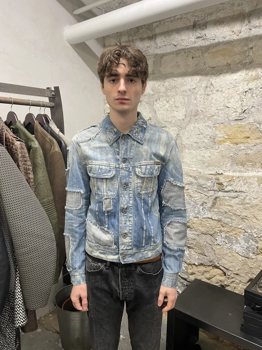 AW2004 Dolce & Gabbana Blue Denim Patchwork Distressed Jacket (S) 1