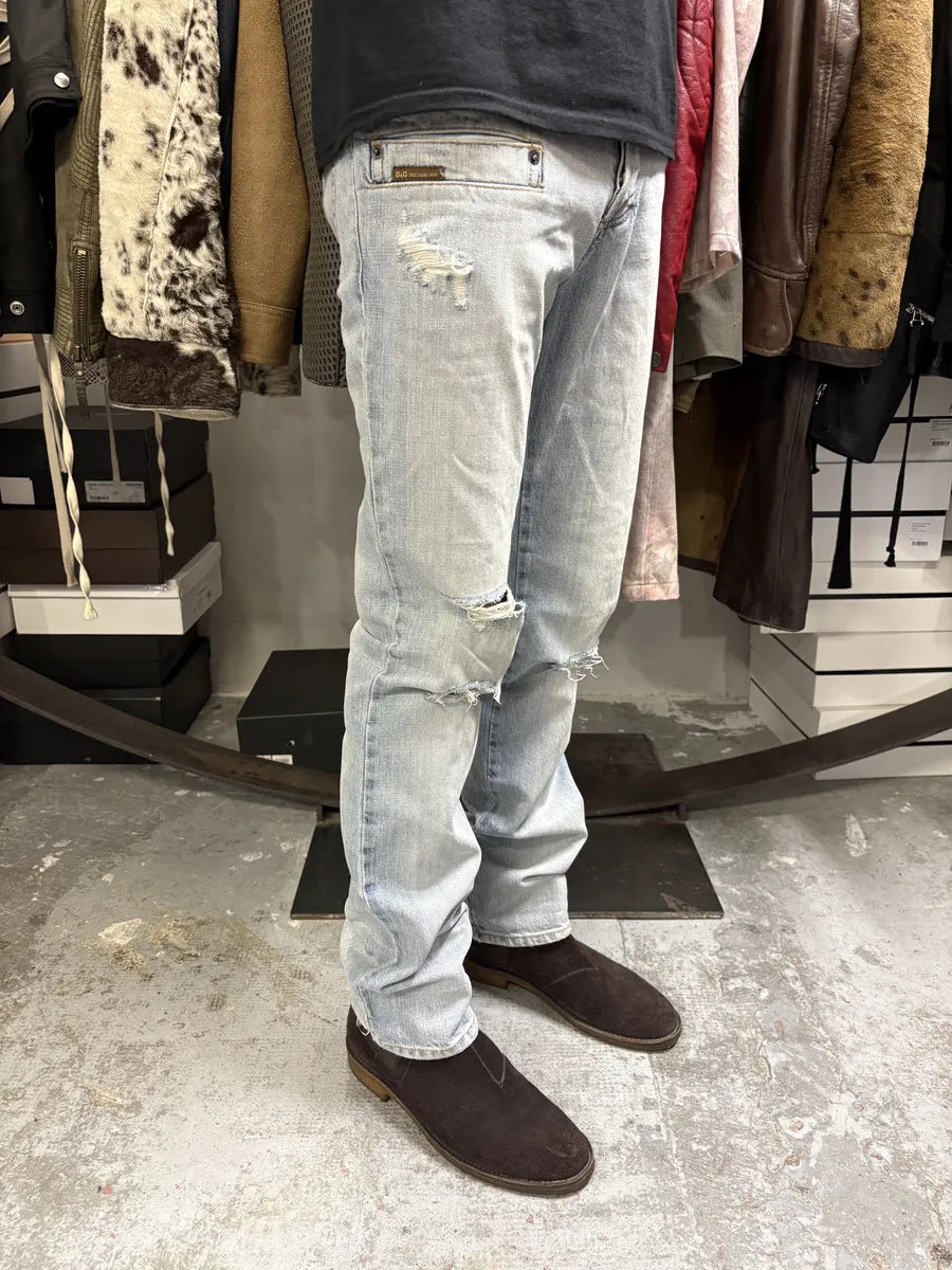 AW2004 Dolce & Gabbana Blue Faded Distressed Denim Jeans TfbrghV 2