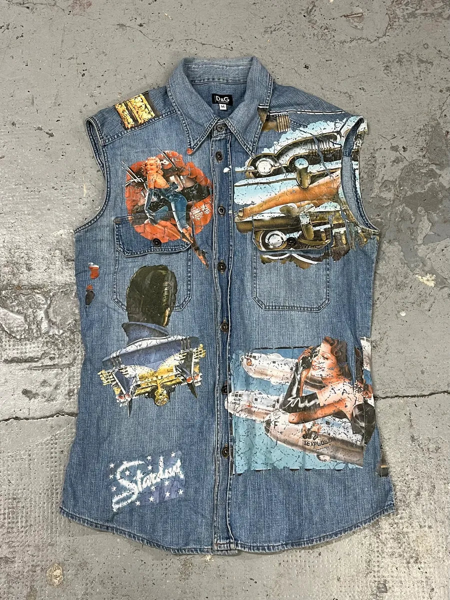 AW2004 Dolce & Gabbana Blue Printed Sleeveless Denim Vest ddeyUiU 0