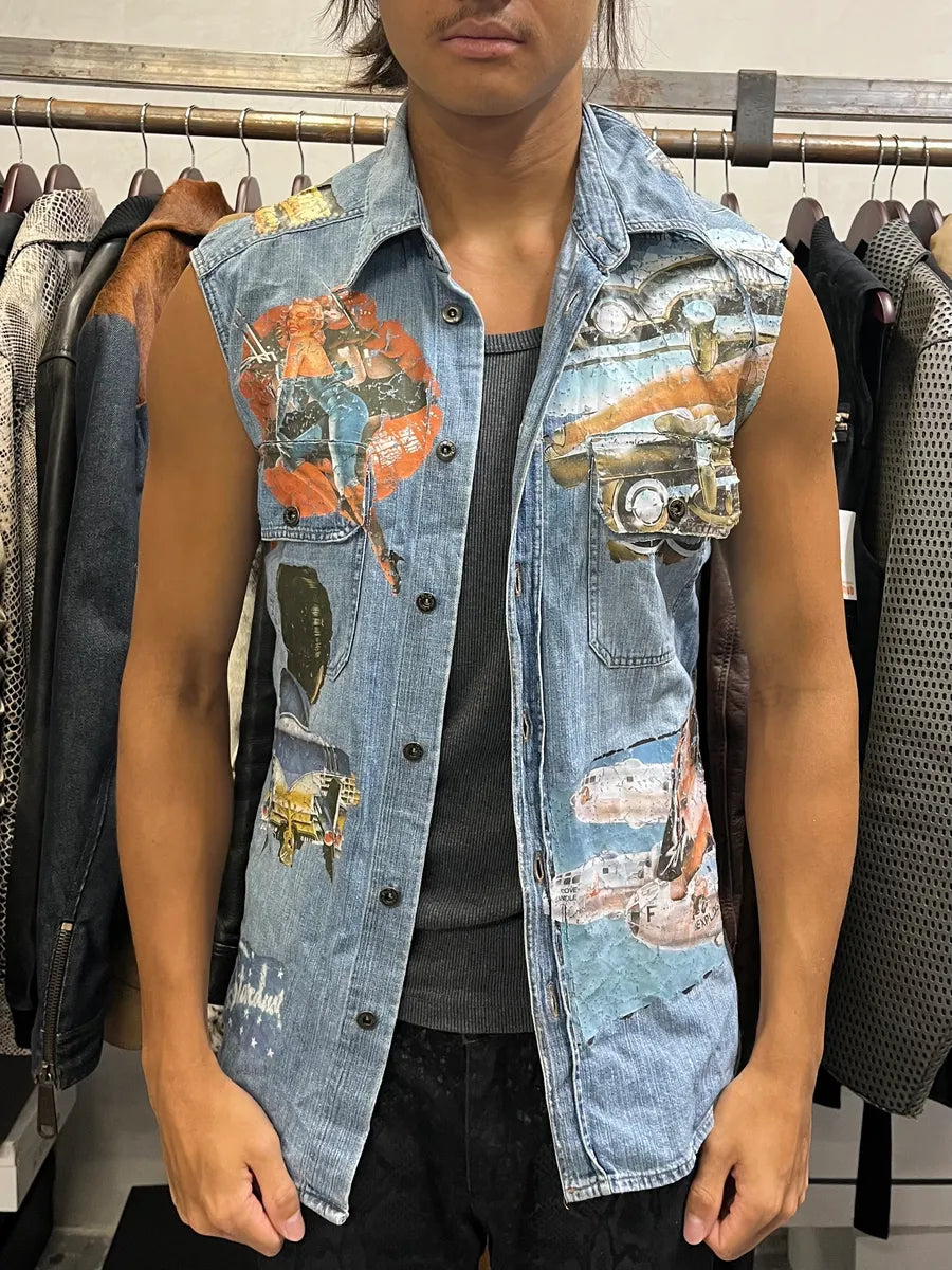 AW2004 Dolce & Gabbana Blue Printed Sleeveless Denim Vest ddeyUiU 1
