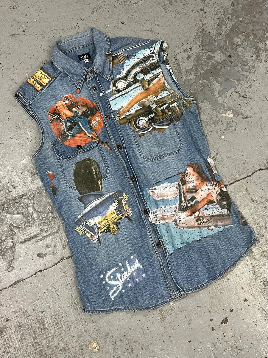 AW2004 Dolce & Gabbana Blue Printed Sleeveless Denim Vest ddeyUiU 3