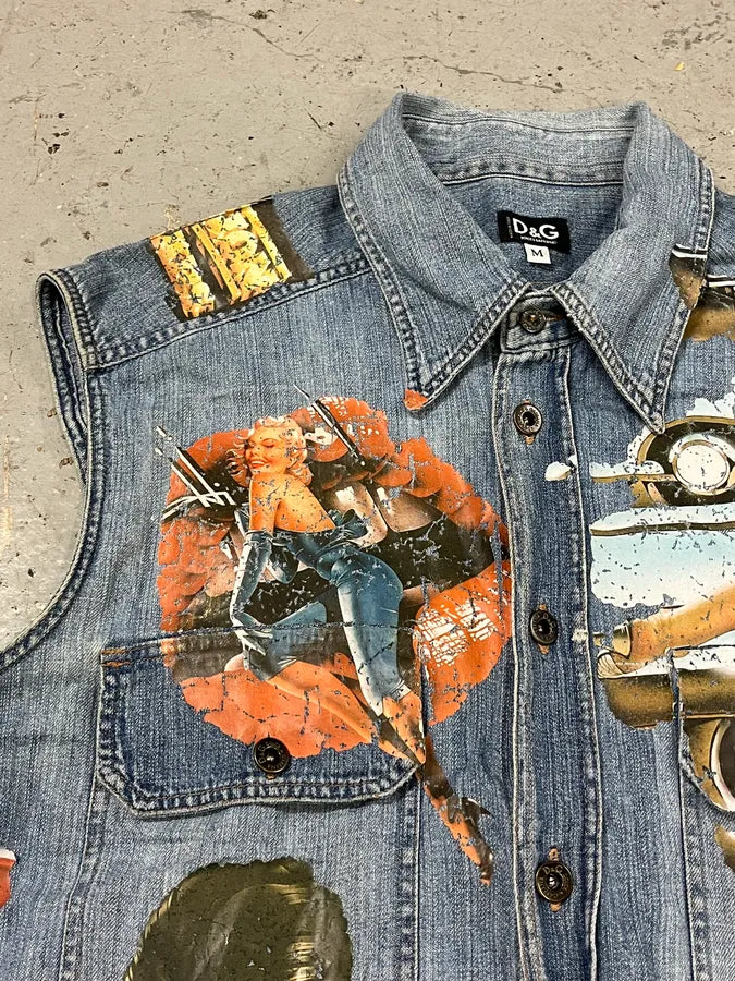 AW2004 Dolce & Gabbana Blue Printed Sleeveless Denim Vest ddeyUiU 4