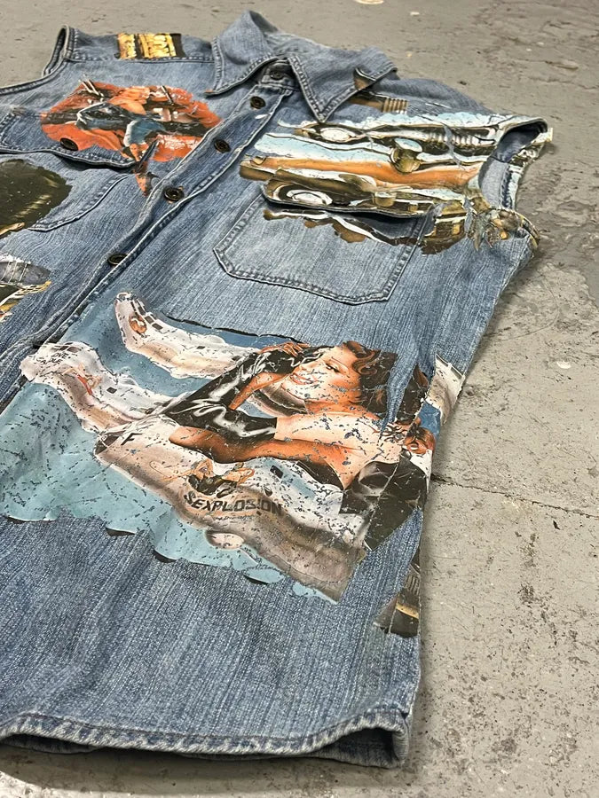 AW2004 Dolce & Gabbana Blue Printed Sleeveless Denim Vest ddeyUiU 5