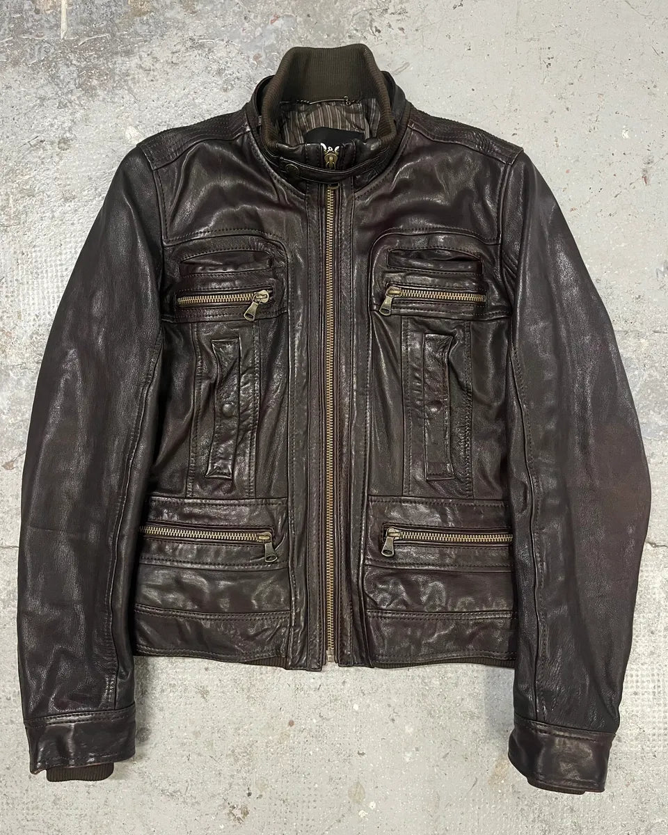 AW2004 Dolce & Gabbana Brown Alpha Leather Jacket (M) NZlMSyT 0