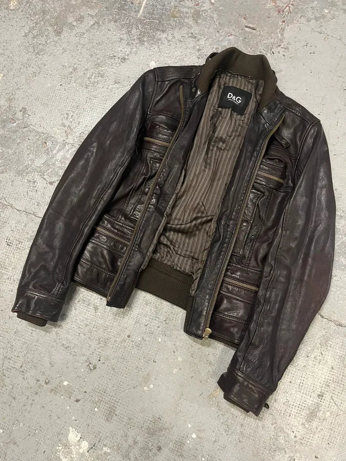 AW2004 Dolce & Gabbana Brown Alpha Leather Jacket (M) NZlMSyT 4