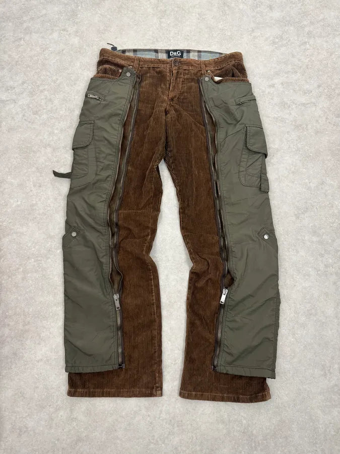 AW2004 Dolce & Gabbana Brown Corduroy & Green Nylon Aviator Cargo Pants baioCdn 2
