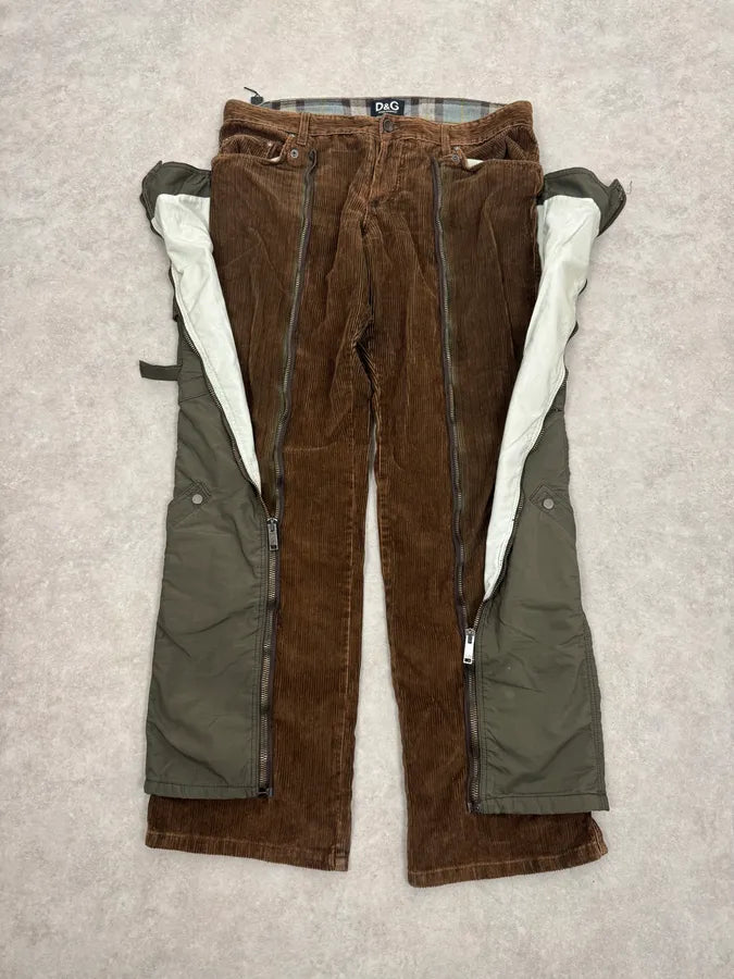AW2004 Dolce & Gabbana Brown Corduroy & Green Nylon Aviator Cargo Pants baioCdn 0