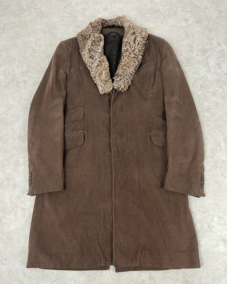 AW2004 Dolce & Gabbana Brown Corduroy Fur Collar Trench Jacket YaoWfXv 0