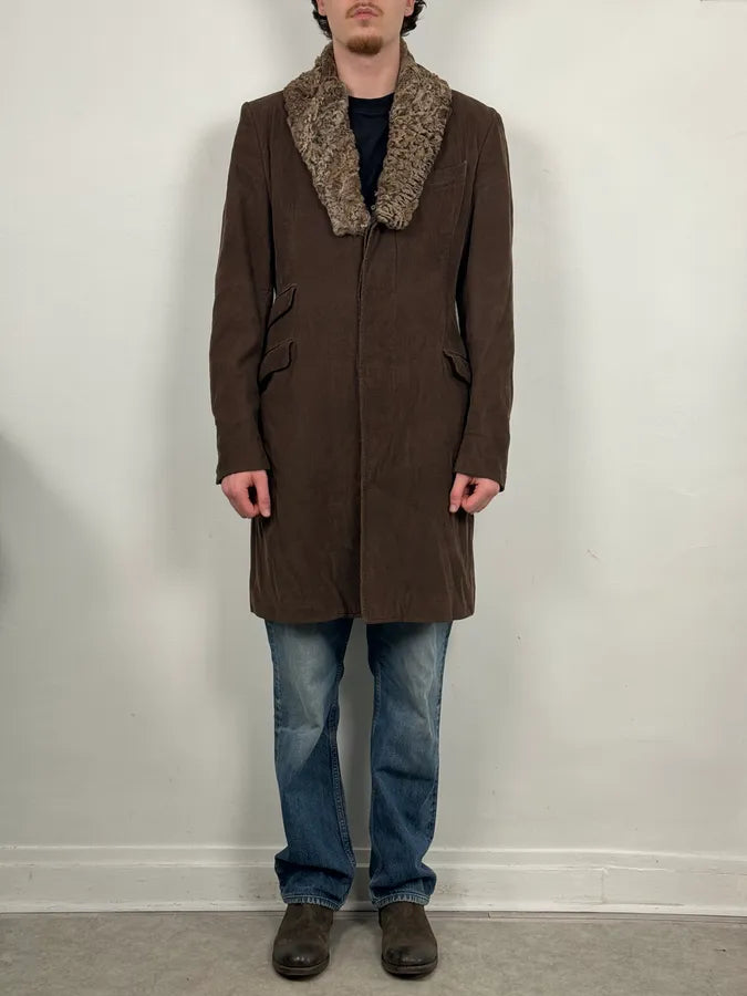 AW2004 Dolce & Gabbana Brown Corduroy Fur Collar Trench Jacket YaoWfXv 1
