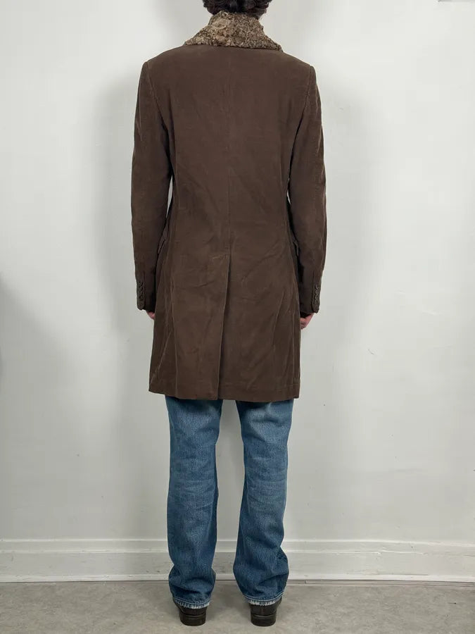 AW2004 Dolce & Gabbana Brown Corduroy Fur Collar Trench Jacket YaoWfXv 2