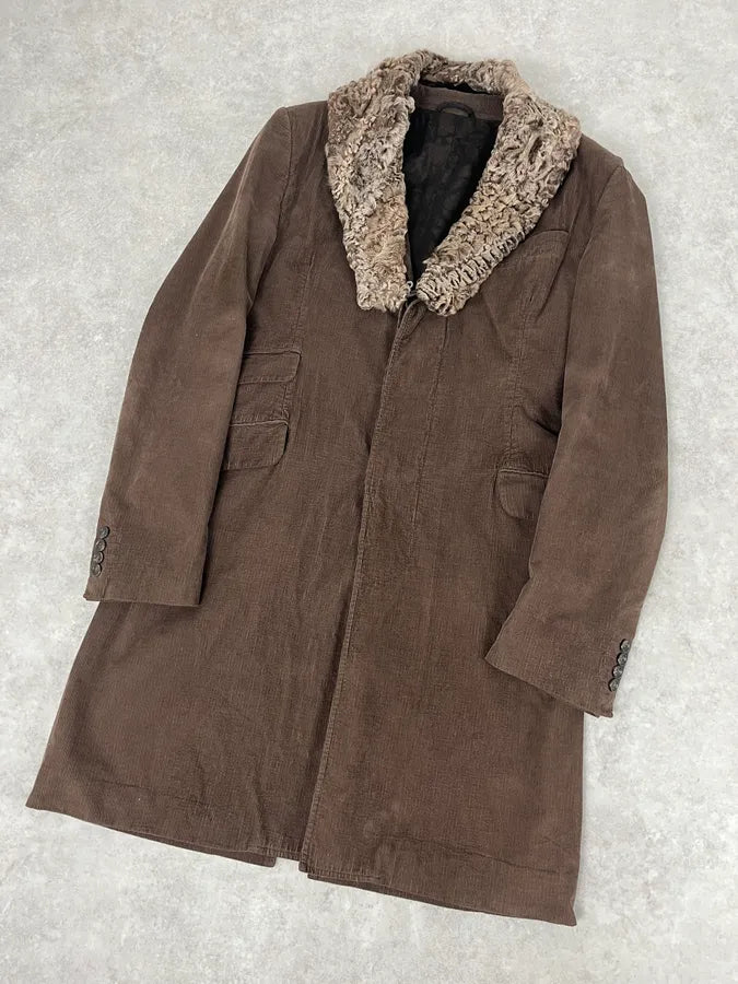 AW2004 Dolce & Gabbana Brown Corduroy Fur Collar Trench Jacket YaoWfXv 3