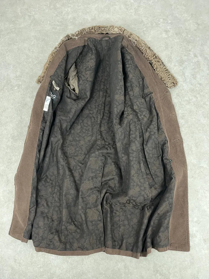 AW2004 Dolce & Gabbana Brown Corduroy Fur Collar Trench Jacket YaoWfXv 10