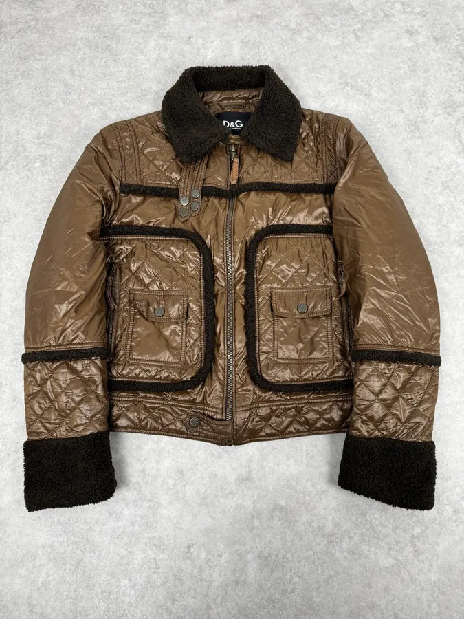 AW2004 Dolce & Gabbana Brown Hybrid Shearling Nylon Jacket nWsvHKN 0