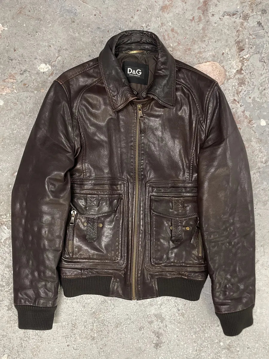 AW2004 Dolce & Gabbana Brown Leather Aviator Jacket (L) 0