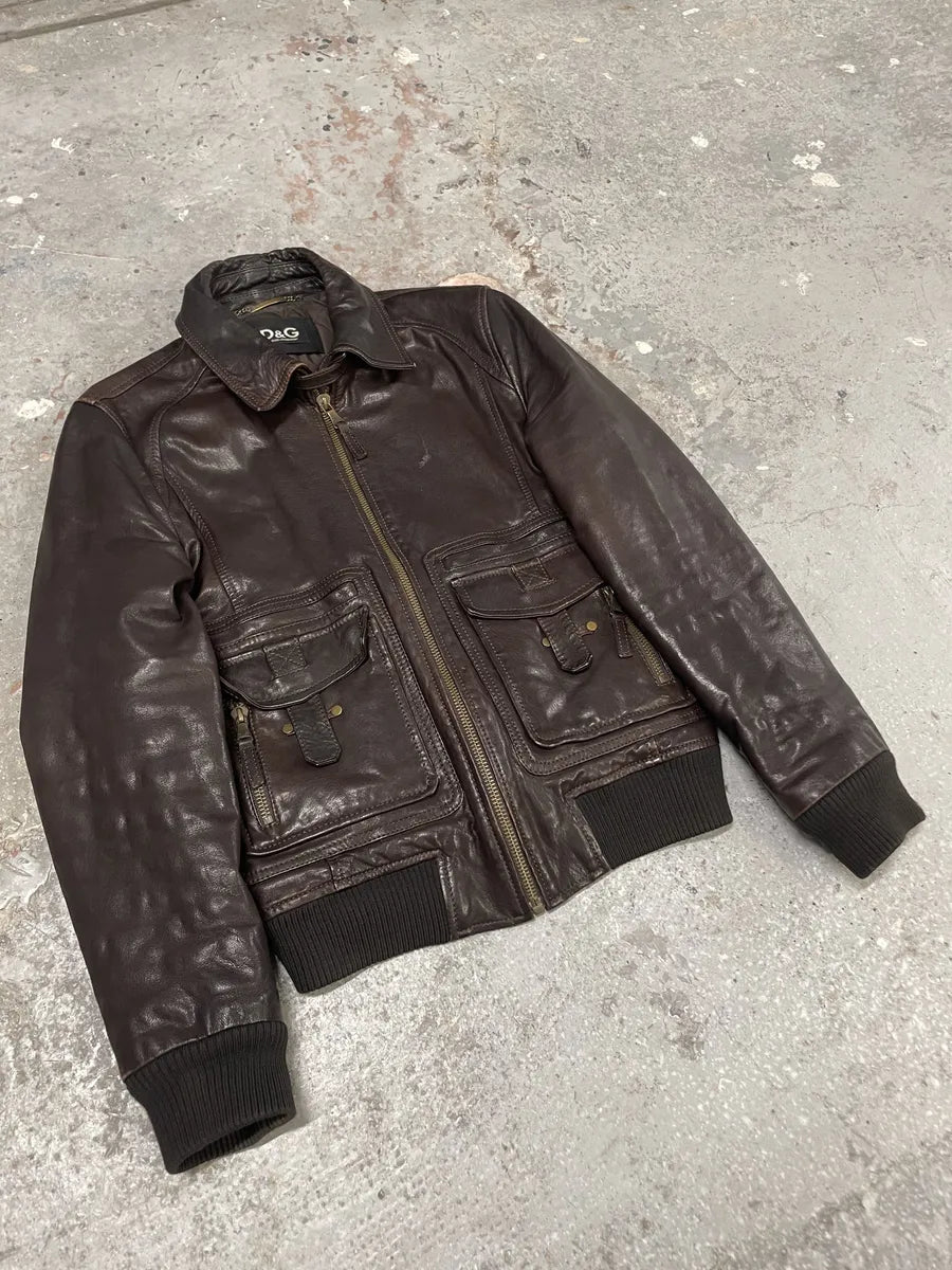 AW2004 Dolce & Gabbana Brown Leather Aviator Jacket (L) 4