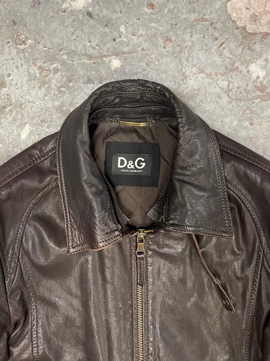 AW2004 Dolce & Gabbana Brown Leather Aviator Jacket (L) 5