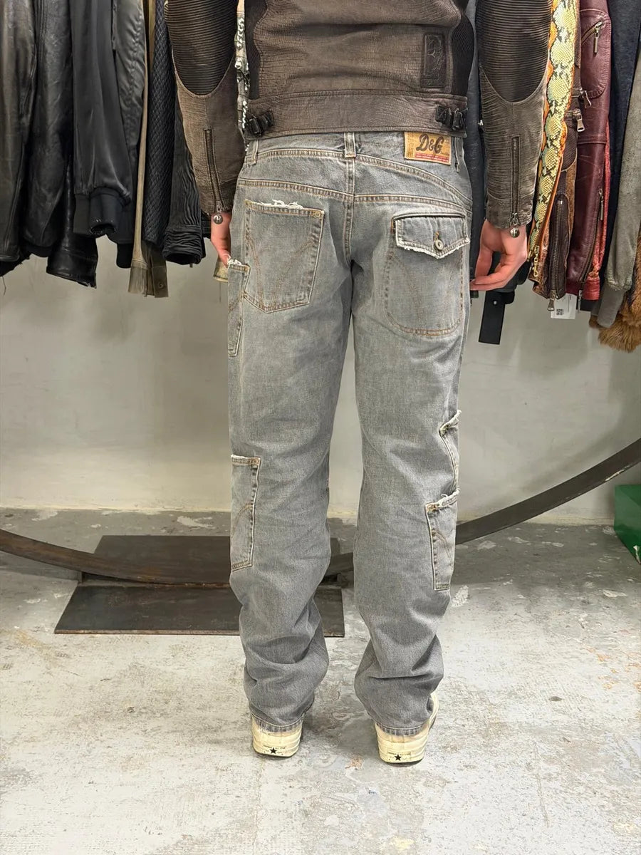 AW2004 Dolce & Gabbana Grey Asymmetrical Cargo Denim Jeans LsDakJO 3