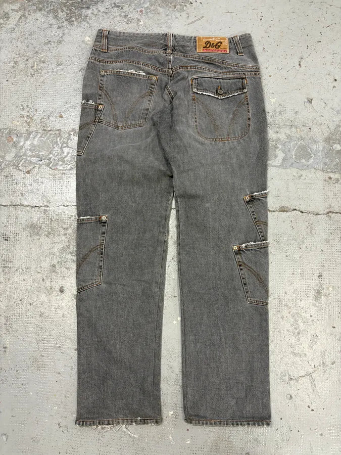 AW2004 Dolce & Gabbana Grey Asymmetrical Cargo Denim Jeans LsDakJO 5